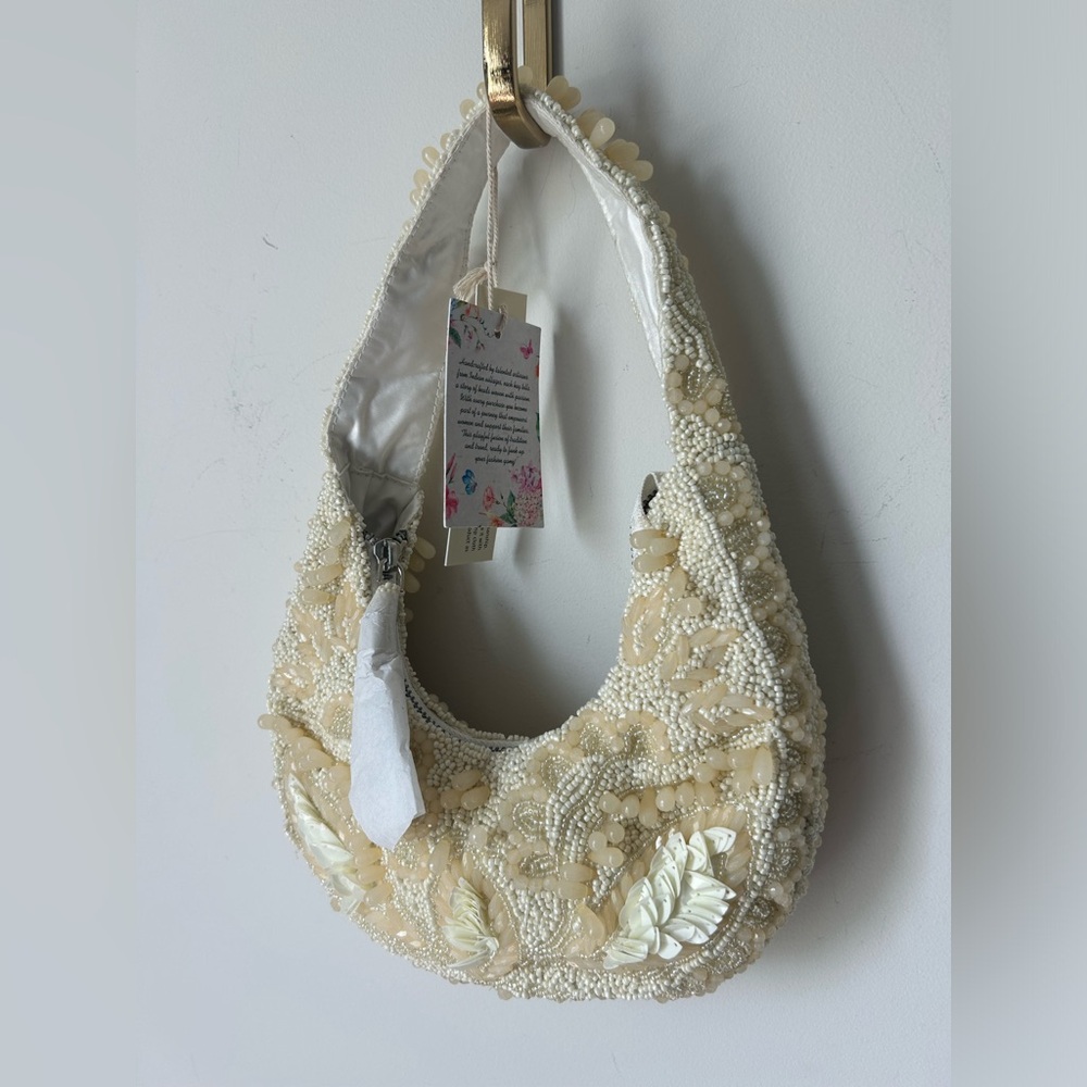 Cream Viral Beaded Floral Shoulder Bag